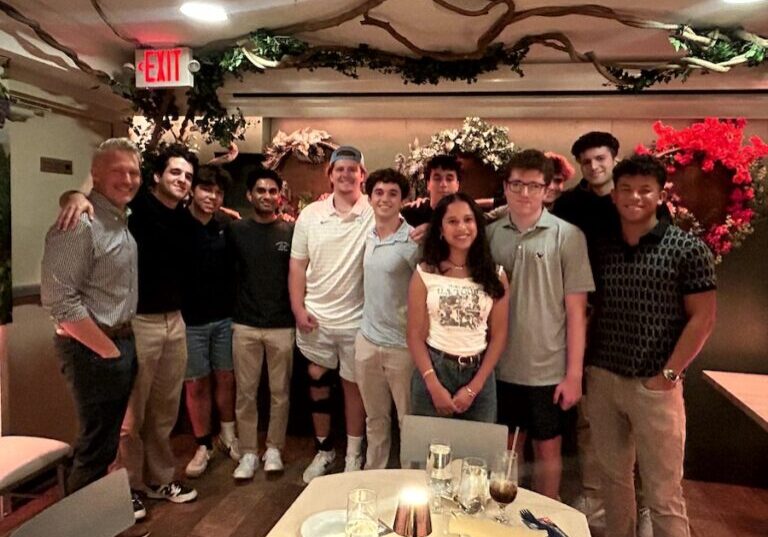 Boston College Dinner Left to right: Patrick McHonett, Necati Unsel ‘22, Colin Bean ’24, Sumedh Agarwal ’22, Luke Richardson ’25, Brady Phair ’25, Malek Aloulou 24, Maya Manghat ’25, Patrick Logue ’25, James Jackson ’24, Jad Daoud ’23, Ezra Liu ’22