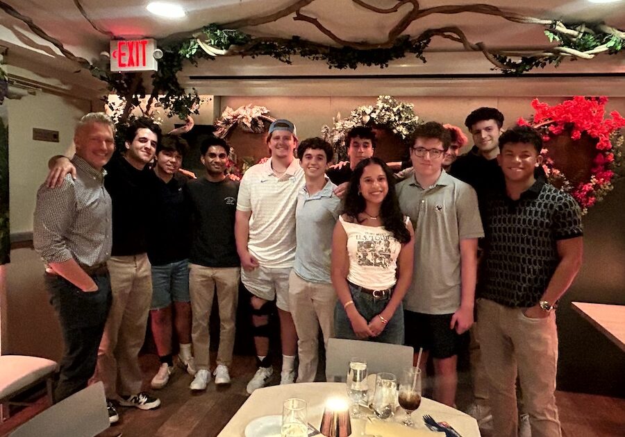 Boston College Dinner Left to right: Patrick McHonett, Necati Unsel ‘22, Colin Bean ’24, Sumedh Agarwal ’22, Luke Richardson ’25, Brady Phair ’25, Malek Aloulou 24, Maya Manghat ’25, Patrick Logue ’25, James Jackson ’24, Jad Daoud ’23, Ezra Liu ’22